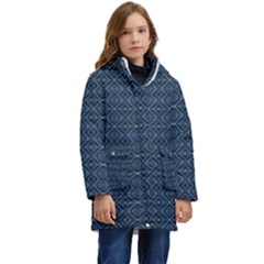 Blue Diamonds Motif Fancy Pattern Design Kid s Hooded Longline Puffer Jacket by dflcprintsclothing