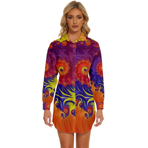 Fractal Spiral Bright Colors Womens Long Sleeve Shirt Dress by Ravend