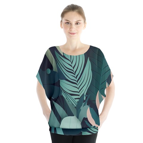 Green Nature Bohemian Painting Leaves Foliage Batwing Chiffon Blouse by Ravend