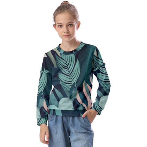 Green Nature Bohemian Painting Leaves Foliage Kids  Long Sleeve Tee With Frill  by Ravend