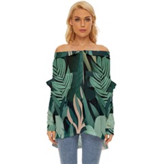 Green Nature Bohemian Painting Leaves Foliage Off Shoulder Chiffon Pocket Shirt