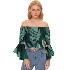 Green Nature Bohemian Painting Leaves Foliage Off Shoulder Flutter Bell Sleeve Top by Ravend