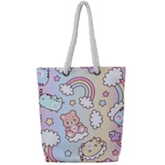 Pusheen Carebears Bears Cat Colorful Cute Pastel Pattern Full Print Rope Handle Tote (small)