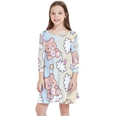 Pusheen Carebears Bears Cat Colorful Cute Pastel Pattern Kids  Quarter Sleeve Skater Dress by Sapixe