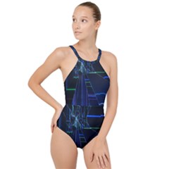 Screen Glitch Broken  Crack  Fracture  Glass Pattern High Neck One Piece Swimsuit