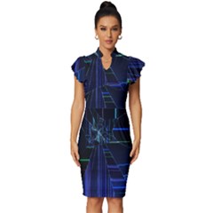 Screen Glitch Broken  Crack  Fracture  Glass Pattern Vintage Frill Sleeve V-neck Bodycon Dress