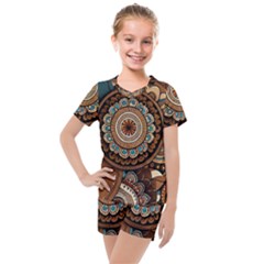 Bohemian Flair In Blue And Earthtones Kids  Mesh Tee And Shorts Set