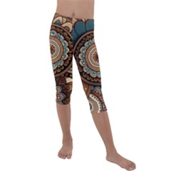 Bohemian Flair In Blue And Earthtones Kids  Lightweight Velour Capri Leggings 