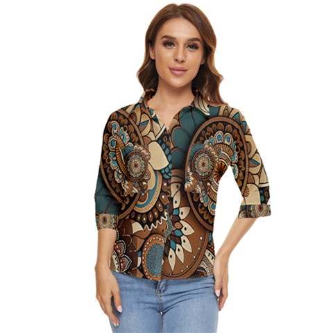 Bohemian Flair In Blue And Earthtones Women s Quarter Sleeve Pocket Shirt by HWDesign