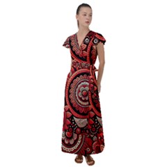 Bohemian Vibes In Vibrant Red Flutter Sleeve Maxi Dress by HWDesign