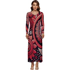 Bohemian Vibes In Vibrant Red Long Sleeve Velour Longline Maxi Dress by HWDesign