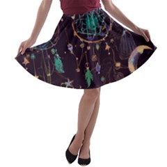 Bohemian  Stars, Moons, And Dreamcatchers A-line Skater Skirt