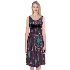 Bohemian  Stars, Moons, And Dreamcatchers Midi Sleeveless Dress by HWDesign