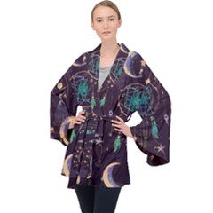 Bohemian  Stars, Moons, And Dreamcatchers Long Sleeve Velvet Kimono  by HWDesign