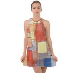 Art Abstract Rectangle Square Halter Tie Back Chiffon Dress