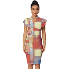 Art Abstract Rectangle Square Vintage Frill Sleeve V-neck Bodycon Dress