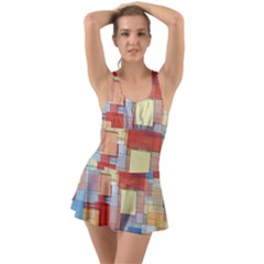 Art Abstract Rectangle Square Ruffle Top Dress Swimsuit