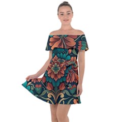 Flower Pattern Modern Floral Off Shoulder Velour Dress