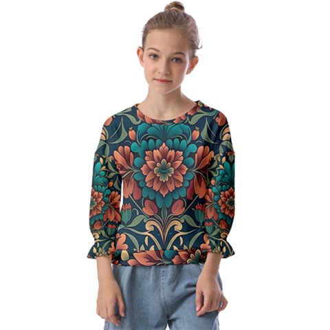 Flower Pattern Modern Floral Kids  Cuff Sleeve Top by Ravend