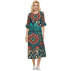 Flower Pattern Modern Floral Double Cuff Midi Dress by Ravend