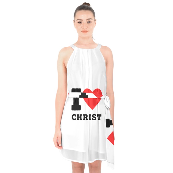 I love christ Halter Collar Waist Tie Chiffon Dress