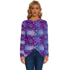 Snow White Blue Purple Tulip Long Sleeve Crew Neck Pullover Top by Pakemis