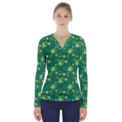 Leaf Clover Star Glitter Seamless V-Neck Long Sleeve Top