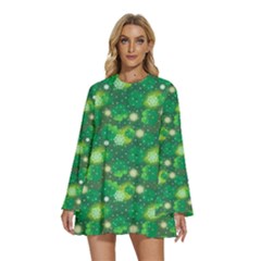 Leaf Clover Star Glitter Seamless Round Neck Long Sleeve Bohemian Style Chiffon Mini Dress