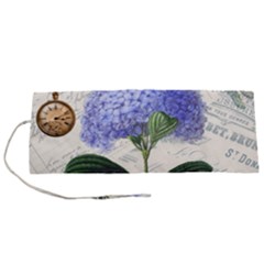 Blue Hydrangea Flower Painting Vintage Shabby Chic Dragonflies Roll Up Canvas Pencil Holder (S)