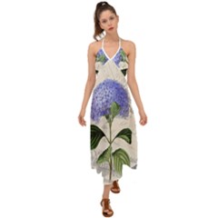 Blue Hydrangea Flower Painting Vintage Shabby Chic Dragonflies Halter Tie Back Dress 
