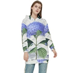 Blue Hydrangea Flower Painting Vintage Shabby Chic Dragonflies Women s Long Oversized Pullover Hoodie