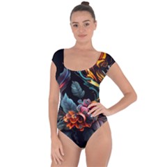 Flowers Flame Abstract Floral Short Sleeve Leotard  by Ravend