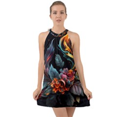 Flowers Flame Abstract Floral Halter Tie Back Chiffon Dress