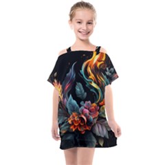 Flowers Flame Abstract Floral Kids  One Piece Chiffon Dress by Ravend