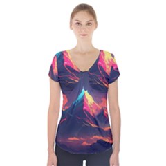 Mountain Sky Color Colorful Night Short Sleeve Front Detail Top