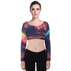 Mountain Sky Color Colorful Night Velvet Long Sleeve Crop Top