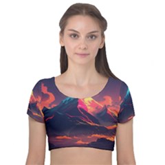 Mountain Sky Color Colorful Night Velvet Short Sleeve Crop Top 