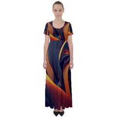 Swirls Abstract Watercolor Colorful High Waist Short Sleeve Maxi Dress
