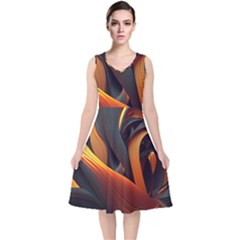 Swirls Abstract Watercolor Colorful V-neck Midi Sleeveless Dress 