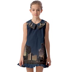 Skyline Brisbane Sunset Downtown Kids  Pilgrim Collar Ruffle Hem Dress by Ravend