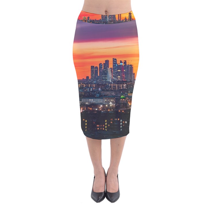 Downtown Skyline Sunset Buildings Velvet Midi Pencil Skirt