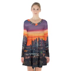 Downtown Skyline Sunset Buildings Long Sleeve Velvet V-neck Dress