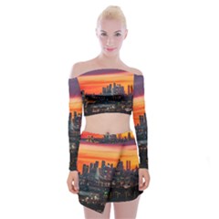 Downtown Skyline Sunset Buildings Off Shoulder Top With Mini Skirt Set