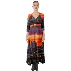 Downtown Skyline Sunset Buildings Button Up Boho Maxi Dress