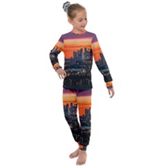 Downtown Skyline Sunset Buildings Kids  Long Sleeve Set  by Ravend