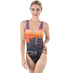 Downtown Skyline Sunset Buildings High Leg Strappy Swimsuit by Ravend