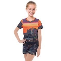 Downtown Skyline Sunset Buildings Kids  Mesh Tee And Shorts Set