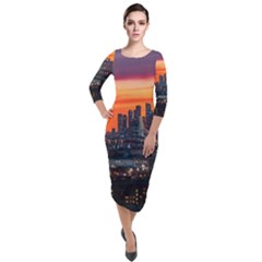 Downtown Skyline Sunset Buildings Quarter Sleeve Midi Velour Bodycon Dress