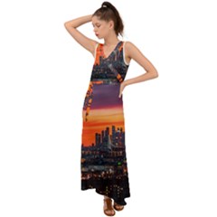 Downtown Skyline Sunset Buildings V-neck Chiffon Maxi Dress