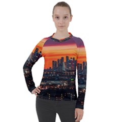 Downtown Skyline Sunset Buildings Women s Pique Long Sleeve Tee